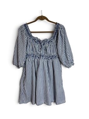 American Eagle Navy Blue White Striped Dress Size Medium On/Off Shoulder Lined